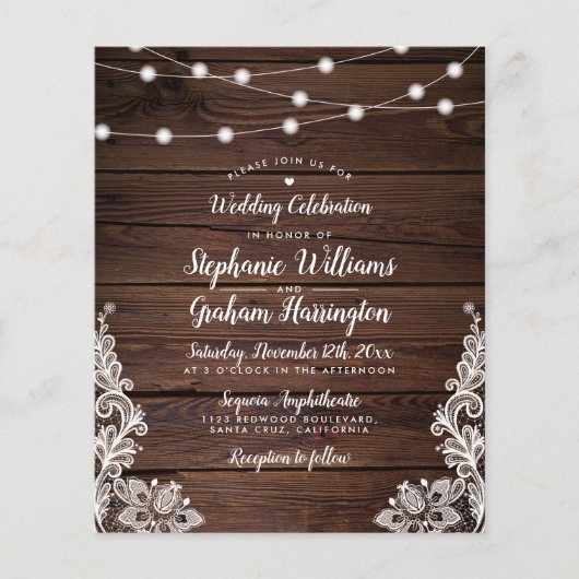 Papier Budget Rustic Script String Lights & Lace Wedding (Devant)