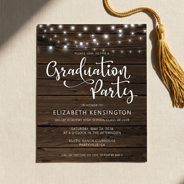 Papier Budget Rustic String Lights Wood Graduation Party (Créateur téléchargé)