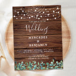 Papier Budget Rustic String Lumières Verdure Mariage Invi<br><div class="desc">Invitations amis et famille à votre mariage avec ces élégants et rustiques bois avec des lampes à cordes et des cartes de faire-part de mariage de verdure eucalyptus. Ces invitations uniques au mariage campagnard rustique comprennent d'élégantes lampes à cordes blanches sur du bois de grange avec un design botanique de...</div>