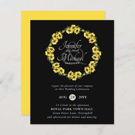 Papier BUDGET Rustic Sunflower Wreath Wedding Invitation (Devant / Derrière)