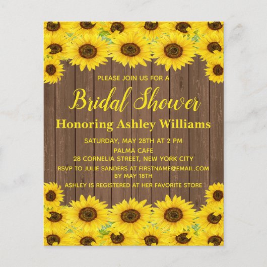Papier Budget Rustic Sunflowers Invitation de douche nupt (Devant)