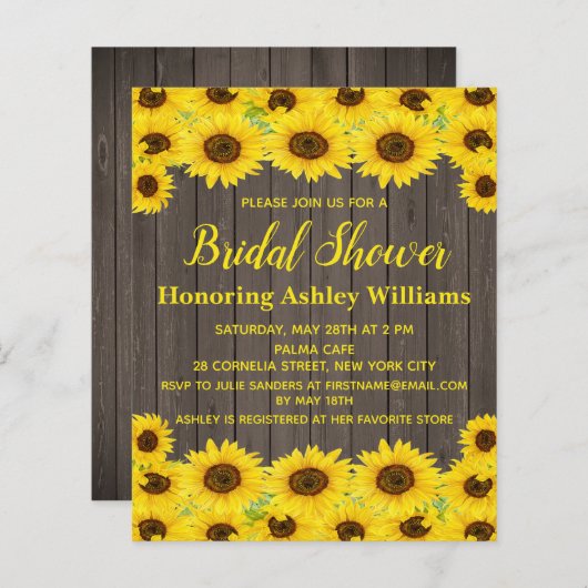 Papier Budget Rustic Sunflowers Invitation de douche nupt (Devant / Derrière)