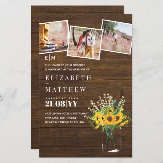 Papier BUDGET Rustic Sunflowers mason Jar Mariage Inviter (Devant / Derrière)