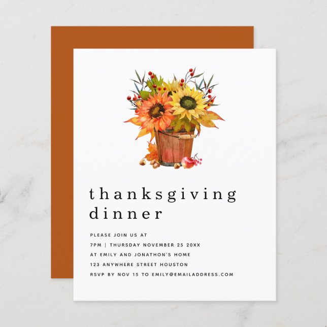Papier Budget Rustic Tournesols Chute Thanksgiving Invita (Devant / Derrière)