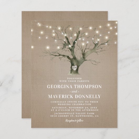 Papier Budget Rustic Tree Lights Faire-part de mariage (Devant / Derrière)