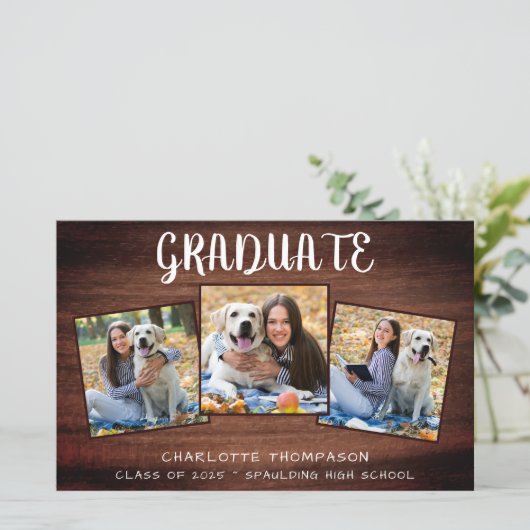 Papier Budget Rustic Wood 3 Faire-part de graduation phot (Debout devant)