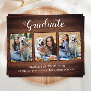 Papier Budget Rustic Wood 3 Photo Graduation Invitation