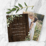 Papier Budget Rustic Wood Eucalyptus Photo Enregistrer la<br><div class="desc">BUDGET Bois rustique Eucalyptus Verdure Photo Mariage Enregistrer la Date avec votre photo fiançailles et notre belle Californie (ouest) eucalyptus vert, vert botanique moderne de la verdure et typographie moderne sur bois de ferme rustique. Élégamment moderne, mais intemporelle et classique. Ce design combine les éléments naturels de l'eucalyptus et du...</div>