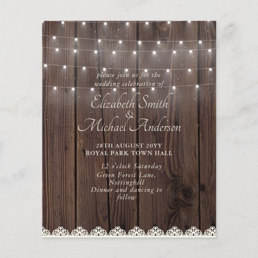 Papier Budget Rustic Wood Lights Lace Wedding Invite (Devant)