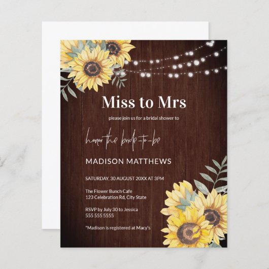 Papier Budget Rustic Wood Sunflower Lumières Mlle à Mme. (Devant / Derrière)