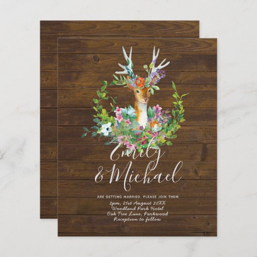 Papier Budget Rustic Woodland Deer Floral Wedding Invite (Devant / Derrière)