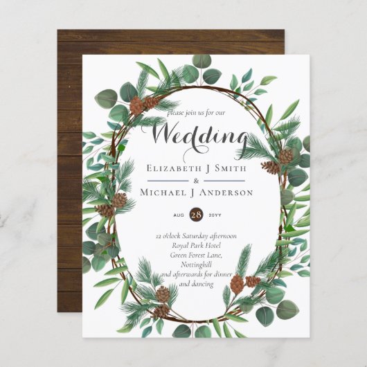 Papier Budget Rustic Woodland Wreath Wedding Invite (Devant / Derrière)