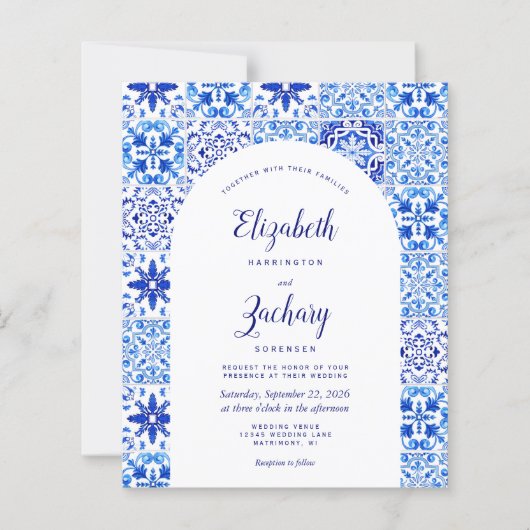 Papier Budget Rustique Arc Bleu Azulejos QR Code Mariage (Devant)