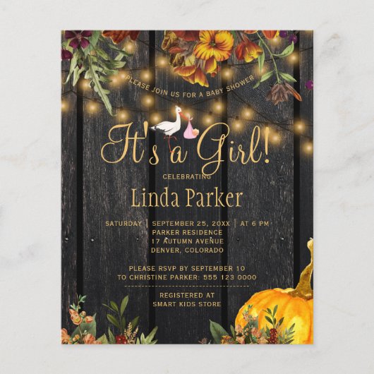 Papier Budget rustique automne bébé fille invitation douc (Devant)