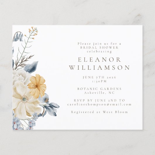 Papier Budget Rustique Bleu Jaune Fête des mariées Floral (Devant)