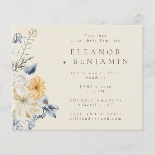Papier Budget Rustique Bleu Jaune Floral Mariage Inviter (Devant)