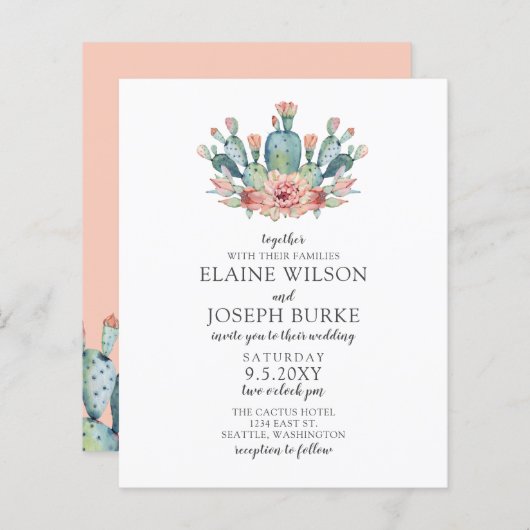Papier Budget Rustique Blush Cactus Faire-part de mariage (Devant / Derrière)