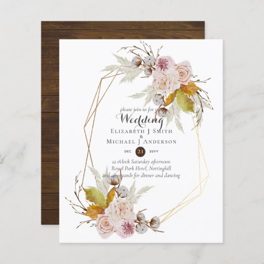 Papier Budget Rustique Blush rose Floral Mariage Invite (Devant / Derrière)