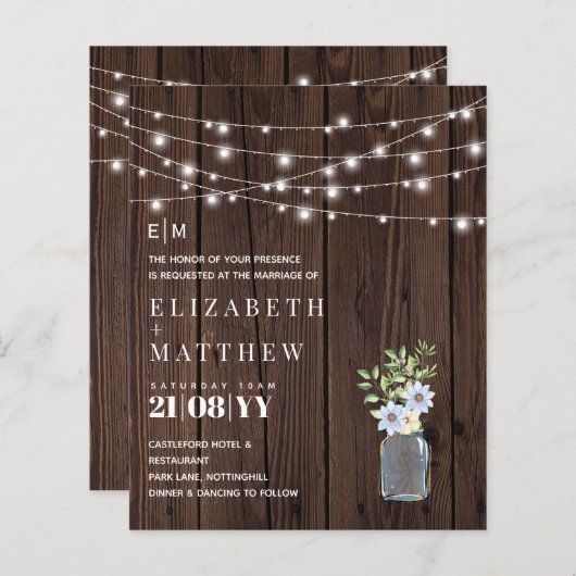 Papier Budget Rustique Bois Bleu Mariage Jaune Invite (Devant / Derrière)