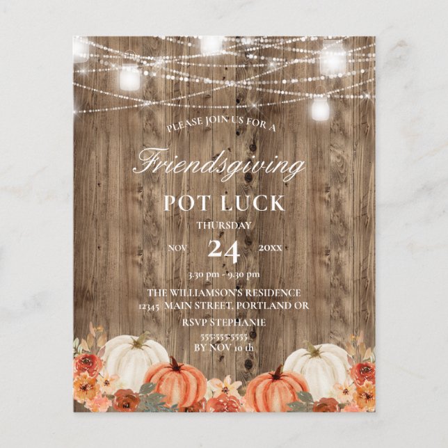 Papier Budget Rustique Bois Floral Friendsgiving Pot Luck (Devant)