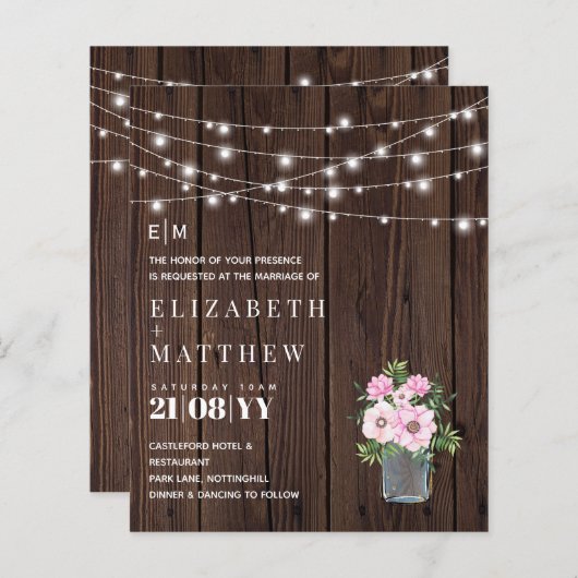 Papier Budget Rustique Bois Rose Fleurs Mariage Invite (Devant / Derrière)