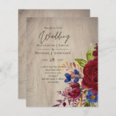 Papier BUDGET Rustique Bourgogne Blue Floral Wedding Invi (Devant / Derrière)