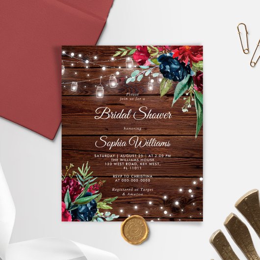 Papier Budget Rustique Bourgogne nuptiale Invitation de d
