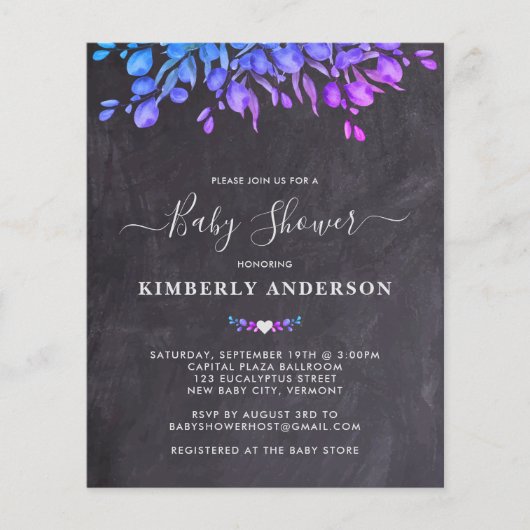 Papier Budget Rustique Eucalyptus violet Baby shower Invi (Devant)