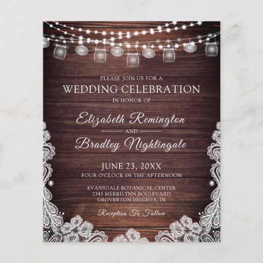 Papier Budget Rustique Lumières Jars Lace Faire-part de m (Devant)