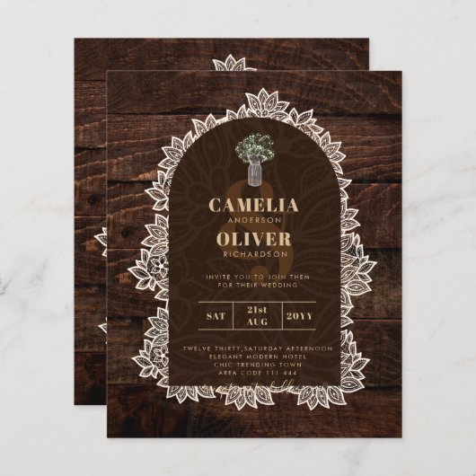 Papier Budget Rustique Mariage Jar Mason Lace Gypsophila (Devant / Derrière)