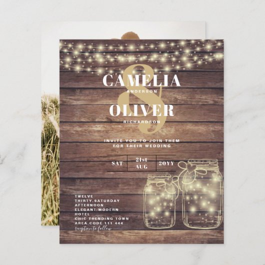 Papier BUDGET Rustique Mason Jar Lumières MARIAGE en bois (Devant / Derrière)
