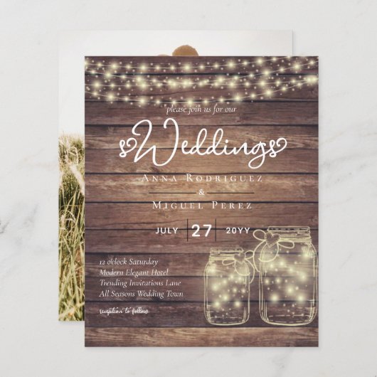 Papier BUDGET Rustique Mason Jar Lumières MARIAGE en bois (Devant / Derrière)