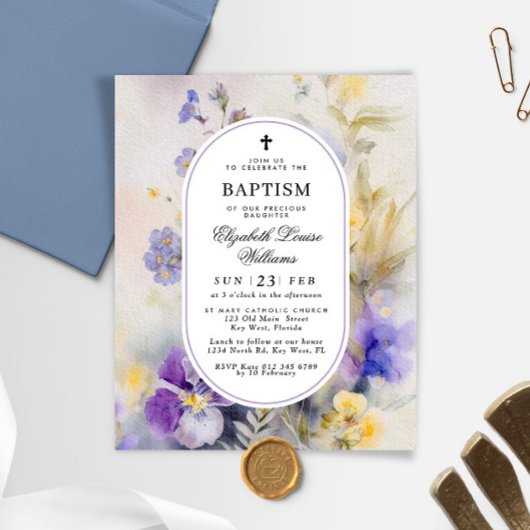 Papier Budget Rustique Purple & Baptême jaune Invitation