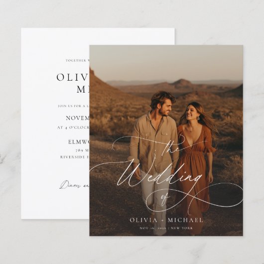 Papier Budget Rustique Script Boho Photo Wedding Invite (Devant / Derrière)