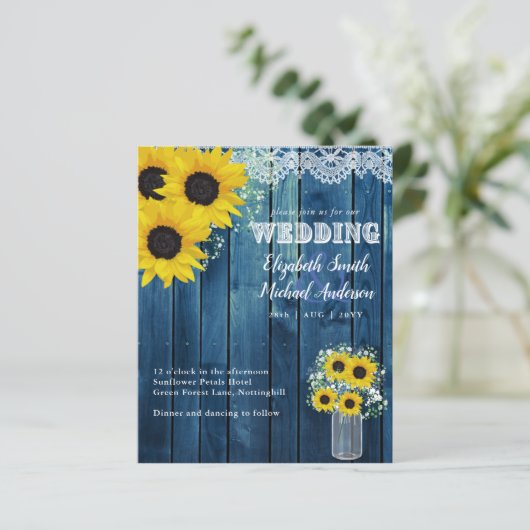 Papier BUDGET Rustique Sunflower Bleu Jaune Mariage Invit (Debout devant)