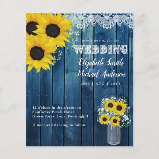 Papier BUDGET Rustique Sunflower Bleu Jaune Mariage Invit (Devant)