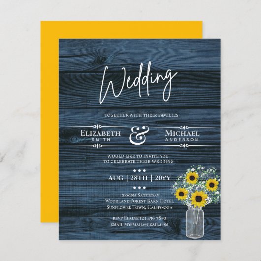 Papier BUDGET Rustique Sunflower Bleu Jaune Mariage Invit (Devant / Derrière)