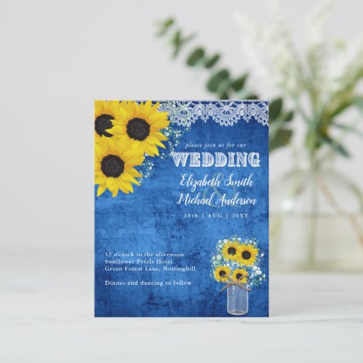Papier BUDGET Rustique Sunflower Bleu Jaune Mariage Invit (Debout devant)