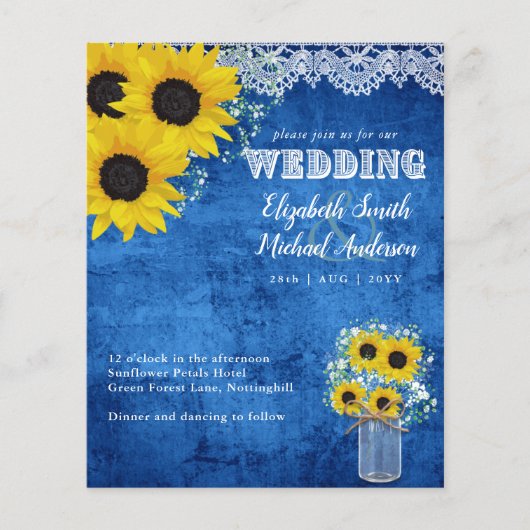 Papier BUDGET Rustique Sunflower Bleu Jaune Mariage Invit (Devant)