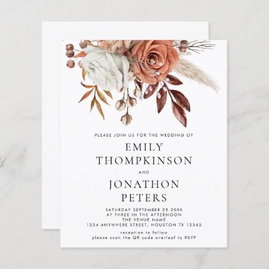 Papier Budget Rustique Terracotta Floral QR Code Mariage (Devant / Derrière)