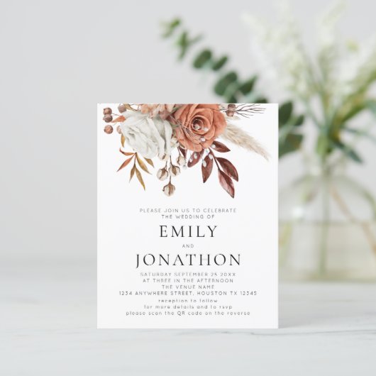 Papier Budget Rustique Terracotta Florals QR Code Mariage (Debout devant)