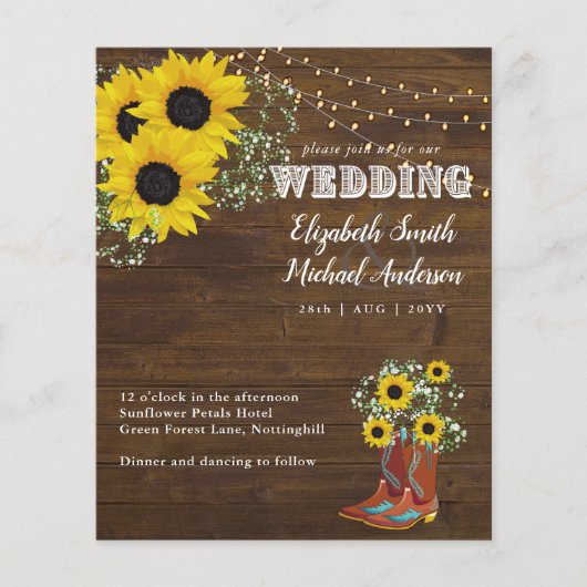 Papier BUDGET Rustique Tournesol Cowboy Boot Wedding Invi (Devant)