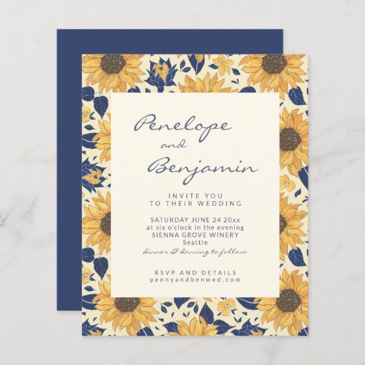 Papier Budget Rustique Tournesol Jaune Bleu Mariage Invit (Devant / Derrière)