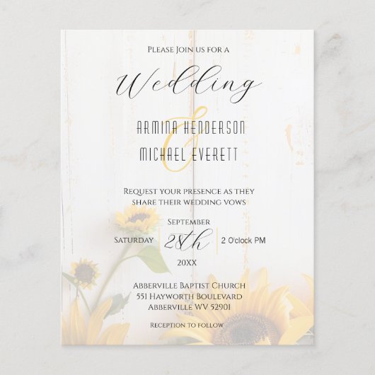 Papier Budget Rustique Tournesol photo Faire-part de mari (Devant)