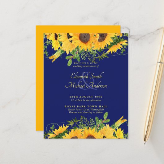Papier BUDGET Rustique Tournesol Thème Mariage Invitation (Devant/Arrière en situation)