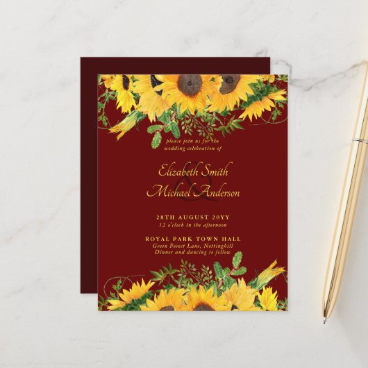 Papier BUDGET Rustique Tournesol Thème Mariage Invitation (Devant/Arrière en situation)