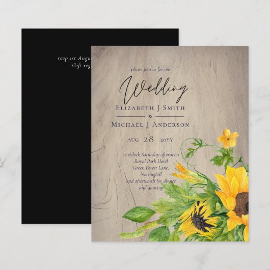 Papier BUDGET Rustique Tournesol Woodland Mariage Invitat (Devant / Derrière)