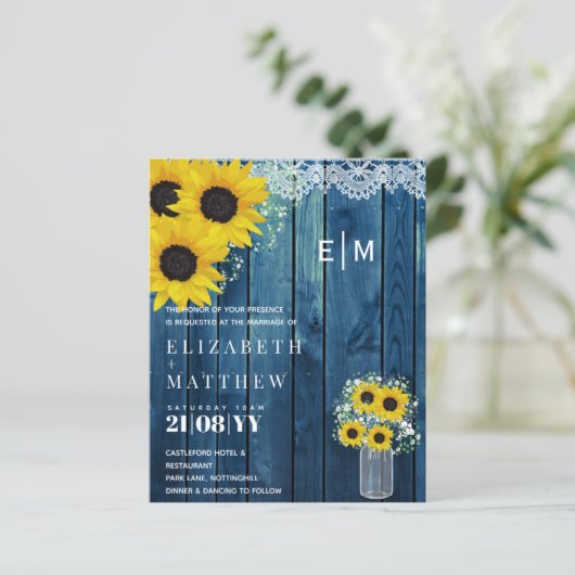 Papier BUDGET Rustique Tournesols Bleu Mariage Inviter (Debout devant)