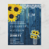 Papier BUDGET Rustique Tournesols Bleu Mariage Inviter (Devant)