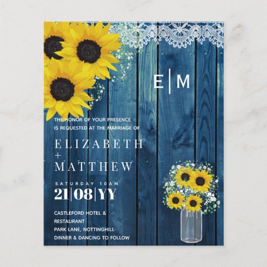 Papier BUDGET Rustique Tournesols Bleu Mariage Inviter (Devant)